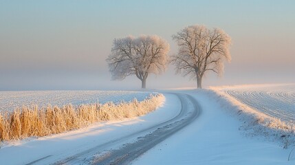 Poster - Frosty trees, snowy road, winter sunrise, field