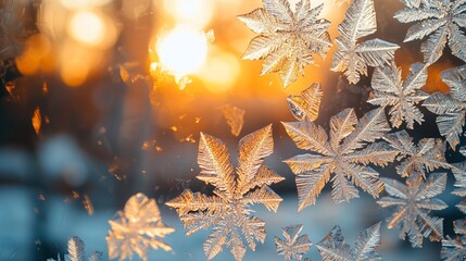 Canvas Print - Frosty window pane sunset winter crystals nature background