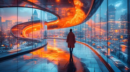 Poster - Futuristic Pedestrian Bridge Arching over Bustling City Skyline at Dusk with Glowing Panels and Dynamic Traffic Below