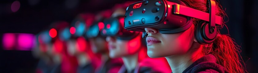 Poster - immersive language class in virtual reality with glowing communication tools and foreign cityscapes