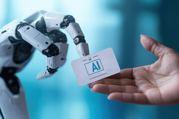 Poster - a robotic arm handing an artificial intelligence (ai) card to a human hand, representing the future 