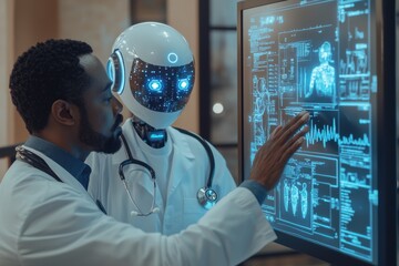 Poster - a doctor and a medical robot, both wearing lab coats, collaborate on a large screen displaying compl