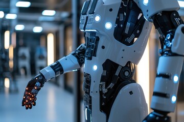 Poster - a futuristic view of a humanoid robot with glowing lights, arms outstretched, with details of the me