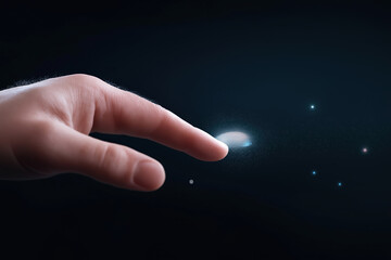 Poster - Fingers nearing glowing particles in a dark, cosmic space environment