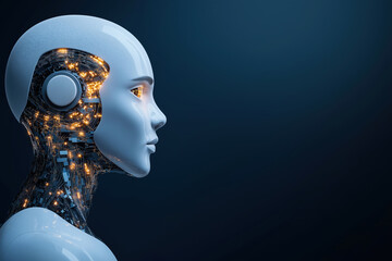 Poster - Robot head with glowing circuits showcases advanced technology in a dark setting