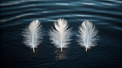 Gentle white feathers floating on dark water nature scene tranquil environment serene perspective