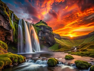 Wall Mural - Iceland Waterfall Sunset: Golden Hour Light Bathes Cascading Water