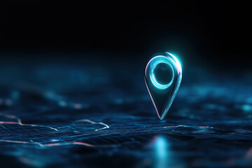 Poster - Creative digital map pin symbol against dark backdrop with glowing effects
