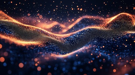 Poster - Glowing particles flow, dark background, abstract design, website header
