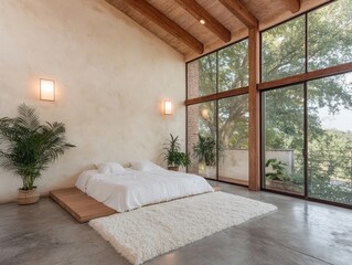 Poster - Minimalist bedroom design modern house interior indoor wide-angle serenity