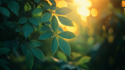 Poster - Golden sunset illuminates lush green leaves
