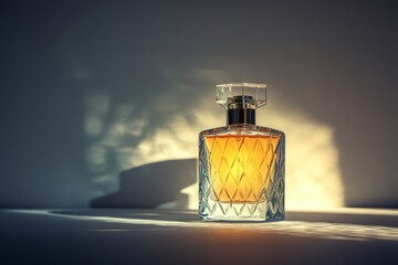 A captivating perfume bottle stands dramatically backlit, with golden liquid shimmering inside. Shadows create striking geometric shapes on a smooth surface, enhancing the artistic feel