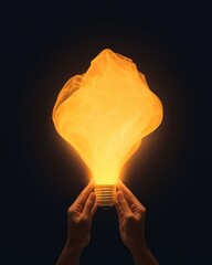 Poster - illuminating creativity hands holding light bulb in dark environment artistic concept close-up view