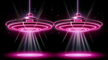 Poster - Neon outlines of tilted and spinning flying saucers for a futuristic and subtle atmosphere