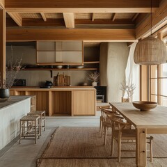 Wall Mural - Rustic kitchen featuring wooden accents with a dining area