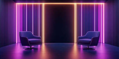 Two empty armchairs illuminated by purple and orange neon lights in a modern room