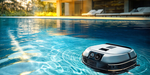 Poster - Advanced AI Pool Cleaner Robot Navigating and Cleaning Backyard Swimming Pool with Sophisticated 3D Mapping Technology