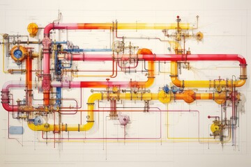 Poster - Vibrant abstract technical design with connected cylinders and curves on a light background