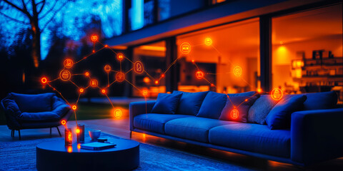 Poster - modern smart home living room with glowing network of connected devices illustrating innovative tech