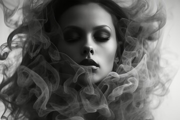 Poster - Dynamic pose of a girl inhaling smoke with a blurred abstract background emphasizing movement