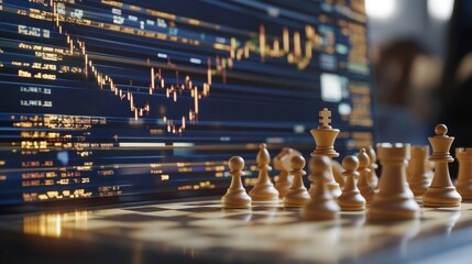 Poster - Strategic moves in finance chess pieces and stock market analysis global insights visual exploration close-up perspective