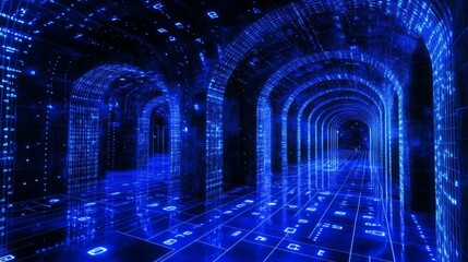 Poster - Exploration of glowing blue grids deep cyberspace digital art futuristic environment virtual perspective cybernetic depths
