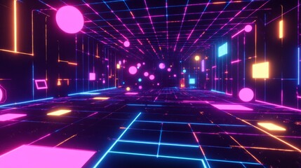 Wall Mural - Exploring neon depths cyberspace digital art virtual reality immersive deep cyberspace with floating neon grids