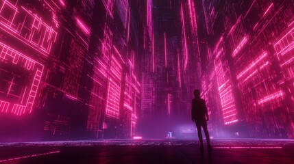 Poster - Exploring the deep digital cyberspace virtual realm interactive experience neon environment immersive perspective glowing binary code