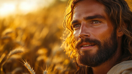 Wall Mural - Jesus on the background of ripe wheat in a field.