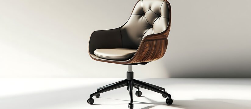 Stylish swivel office chair with leather seat and wooden accents, set against a bright white surface, rendered in vivid HD.