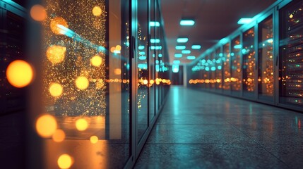 Poster - the server room informs the computer server operating continuously, conveying power and progress