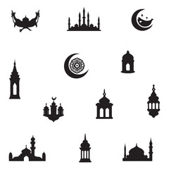 Fototapete - Illustration of a flat mosque silhouette with a lantern silhouette and a pink sky background