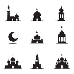 Fototapete - Graphic Silhouette Set of Black Islamic Religious Symbol Icons Isolated on a White Background