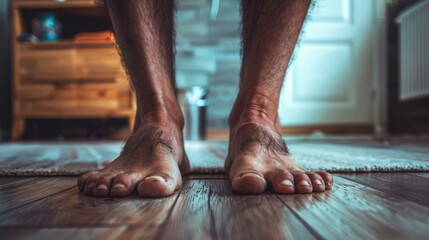 Canvas Print - Close-up of a person's bare feet standing on a rug in a cozy room with wooden flooring and soft lighting