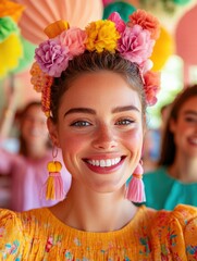 Wall Mural - Happy Child Model in Yellow Headgear with Pink Lipstick and Floral Design