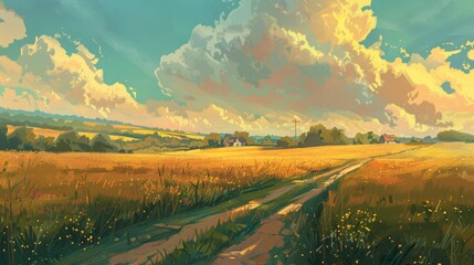 Wall Mural - Vibrant landscape depicting a golden field under a blue sky with fluffy clouds and a distant farmhouse