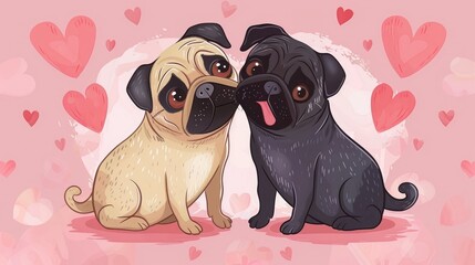 Wall Mural - Two adorable pugs sharing a loving moment surrounded by pink hearts, perfect for celebrating companionship and affection