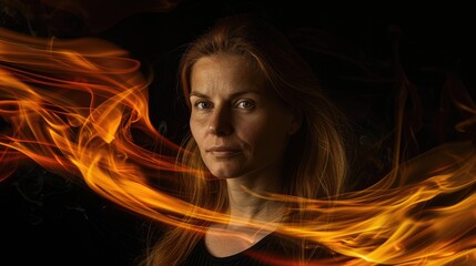 Canvas Print - Portrait of a woman with flowing hair surrounded by vibrant flames against a dark background, conveying intensity