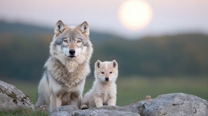 Wall Mural - Wolf family at sunset, nature background, wildlife photography
