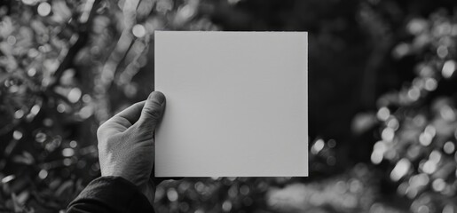 Wall Mural - A hand holding a blank square paper in a blurred natural setting with greenery in the background