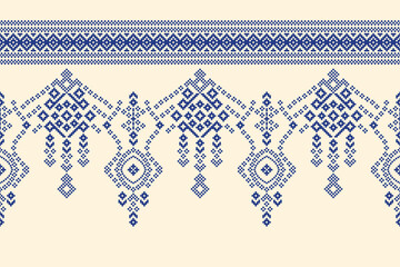 Wall Mural - Fabric pattern traditional ethnic motif ikat geometric cross stitch.Ikat embroidery Ethnic oriental Pixel brown cream white color background. Abstract,vector. Texture,decoration,wallpaper.