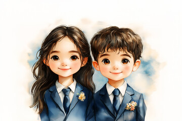 Wall Mural - Asian Boy and girl students in school uniforms smiling at a camera, with a playful and bright feel, water color illustration