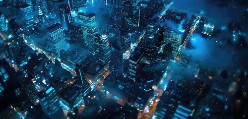 Wall Mural - Aerial view of a vibrant, illuminated cityscape at night, showcasing skyscrapers and bustling streets below