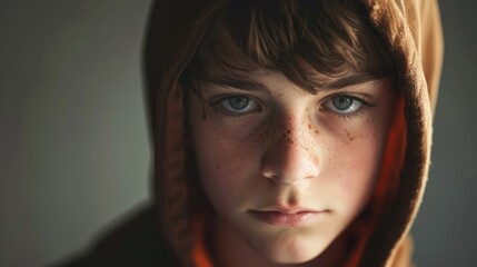 Wall Mural - A close-up portrait of a young boy with freckles, wearing a brown hoodie, showcasing deep blue eyes and an intense expression