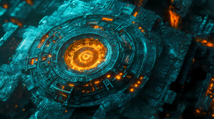 Ancient stone artifact, glowing teal and orange, technological. Ancient Alien Glyphs. Illustration