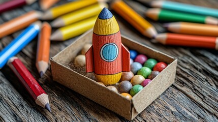 Poster - Paper rocket launching, colorful pencils, wooden table, creativity concept