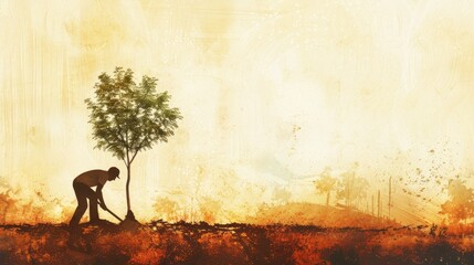 Wall Mural - A silhouette of a person planting a tree in a vibrant landscape, symbolizing growth and environmental care