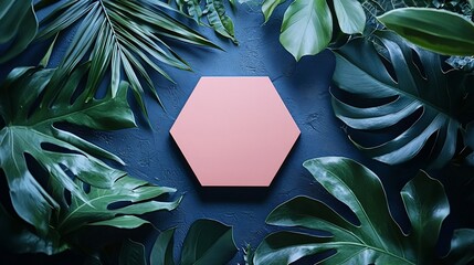 Canvas Print - Pink hexagon mockup, tropical leaves, dark background, product display