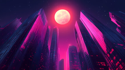 Wall Mural - Full moon over city skyscrapers at night. Lunar Glass Towers. Illustration