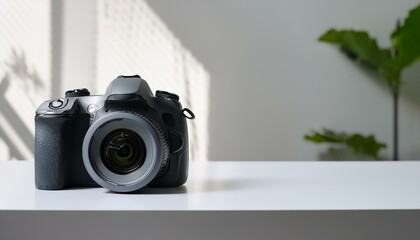 Fototapete - 최신형 미러리스 카메라가 심플한 화이트 테이블 위에 놓여 있으며, 깔끔한 디자인이 강조